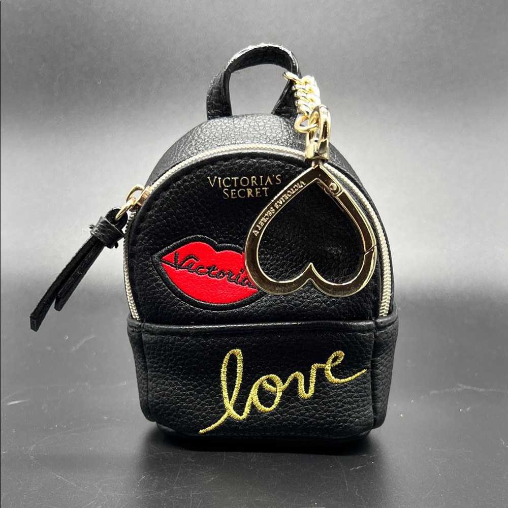 Victoria's Secret Black Mini Backpack Keychain with Red Lip Accent Bag Charm